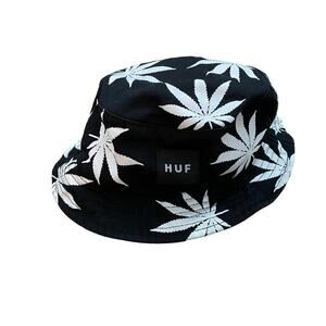PacSun HUF Bucket Hat – Black White Marijuana Leaf Print Streetwear OS